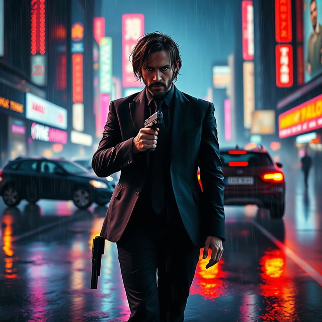A highly stylized action scene depicting a lone figure in a sleek black suit, reminiscent of John Wick, standing in a dramatic urban environment filled with neon lights and rain