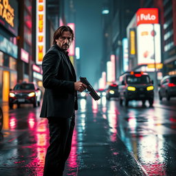 A highly stylized action scene depicting a lone figure in a sleek black suit, reminiscent of John Wick, standing in a dramatic urban environment filled with neon lights and rain