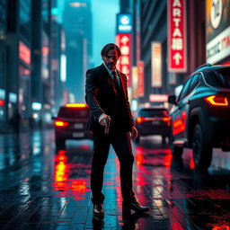 A highly stylized action scene depicting a lone figure in a sleek black suit, reminiscent of John Wick, standing in a dramatic urban environment filled with neon lights and rain