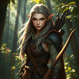A majestic high elf ranger, exuding an aura of strength and agility, stands poised in a lush forest