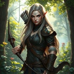 A majestic high elf ranger, exuding an aura of strength and agility, stands poised in a lush forest
