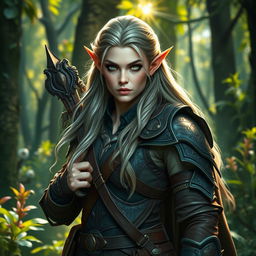 A majestic high elf ranger, exuding an aura of strength and agility, stands poised in a lush forest