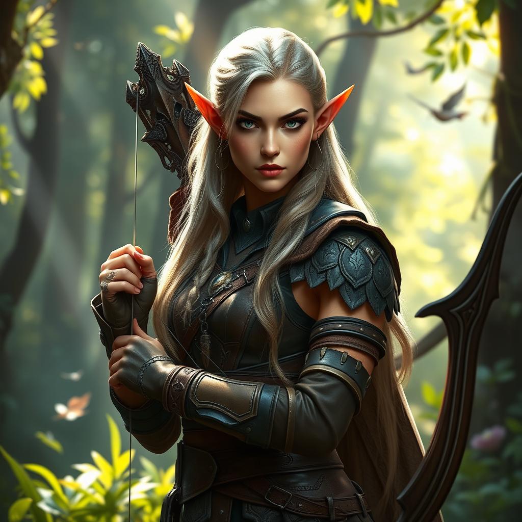 A majestic high elf ranger, exuding an aura of strength and agility, stands poised in a lush forest