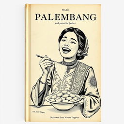 A vintage book cover illustration featuring an Indonesian woman joyfully eating pempek Palembang, a traditional dish