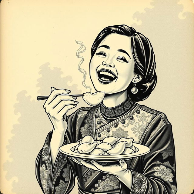 A vintage book cover illustration featuring an Indonesian woman joyfully eating pempek Palembang, a traditional dish