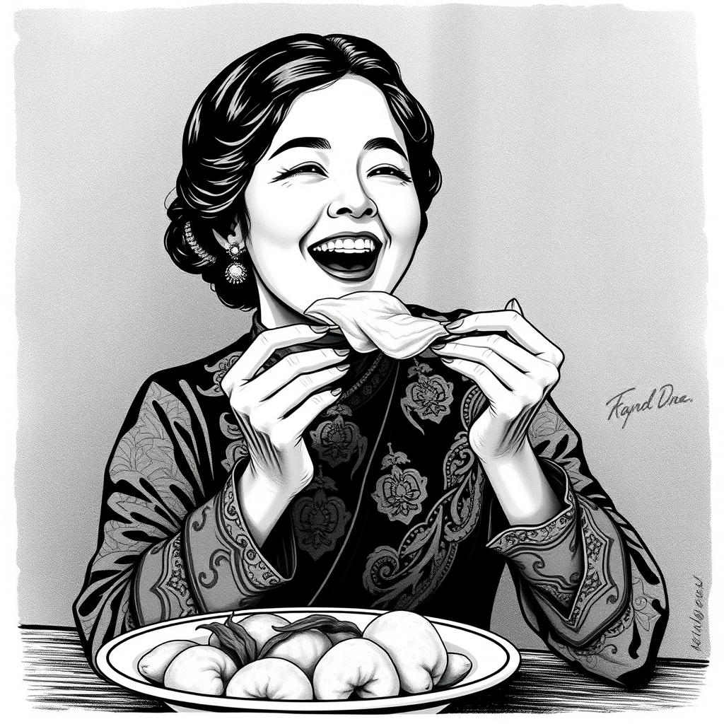 A vintage book cover illustration featuring an Indonesian woman joyfully eating pempek Palembang, a traditional dish