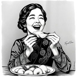 A vintage book cover illustration featuring an Indonesian woman joyfully eating pempek Palembang, a traditional dish