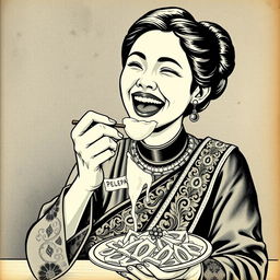 A vintage book cover illustration featuring an Indonesian woman joyfully eating pempek Palembang, a traditional dish