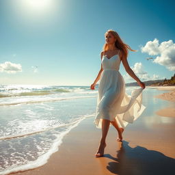 A beautiful woman walking gracefully along the sandy seashore, with gentle waves lapping at her feet