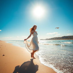 A beautiful woman walking gracefully along the sandy seashore, with gentle waves lapping at her feet