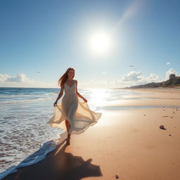 A beautiful woman walking gracefully along the sandy seashore, with gentle waves lapping at her feet