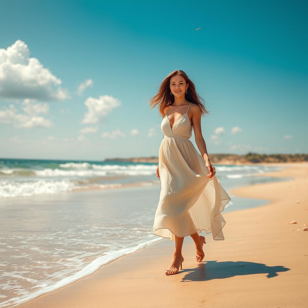 A beautiful woman walking gracefully along the sandy seashore, with gentle waves lapping at her feet