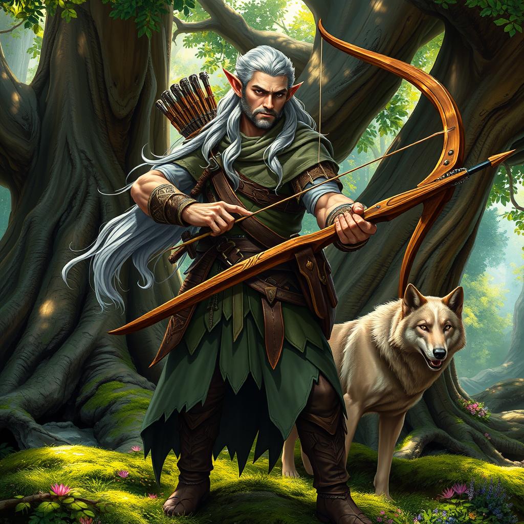A high elf male ranger, dressed in elegant yet rugged woodland attire, skillfully wields a beautifully crafted longbow