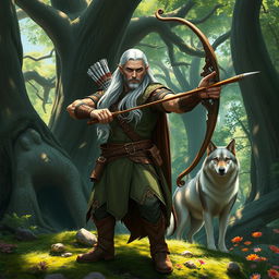 A high elf male ranger, dressed in elegant yet rugged woodland attire, skillfully wields a beautifully crafted longbow