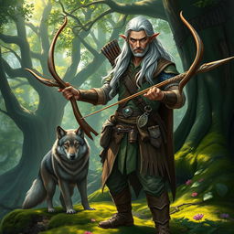 A high elf male ranger, dressed in elegant yet rugged woodland attire, skillfully wields a beautifully crafted longbow