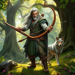 A high elf male ranger, dressed in elegant yet rugged woodland attire, skillfully wields a beautifully crafted longbow
