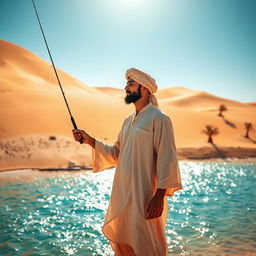 A striking image of a desert fisherman standing near a small oasis in the vast desert