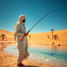 A striking image of a desert fisherman standing near a small oasis in the vast desert