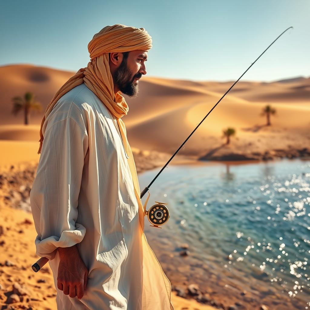 A striking image of a desert fisherman standing near a small oasis in the vast desert