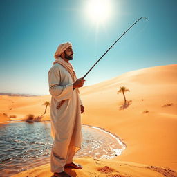 A striking image of a desert fisherman standing near a small oasis in the vast desert