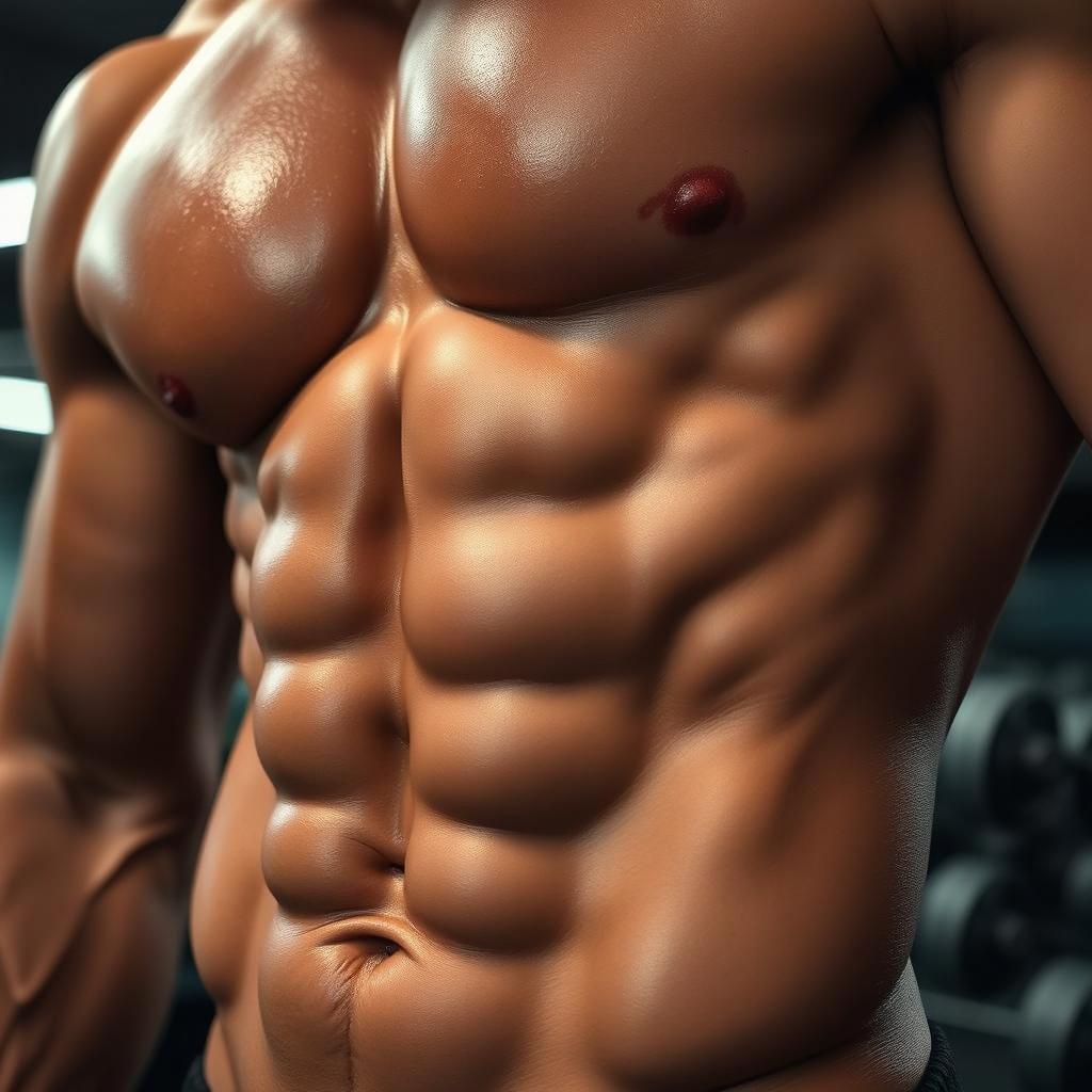 A close-up view of a toned, muscular male torso showcasing defined six-pack abs