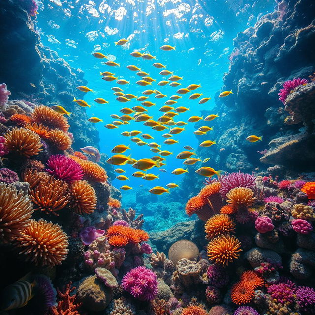 A stunning underwater coral reef scene, showcasing vibrant corals in various shapes and colors, teeming with life