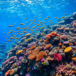 A stunning underwater coral reef scene, showcasing vibrant corals in various shapes and colors, teeming with life