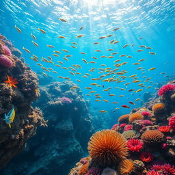 A stunning underwater coral reef scene, showcasing vibrant corals in various shapes and colors, teeming with life