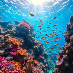 A stunning underwater coral reef scene, showcasing vibrant corals in various shapes and colors, teeming with life