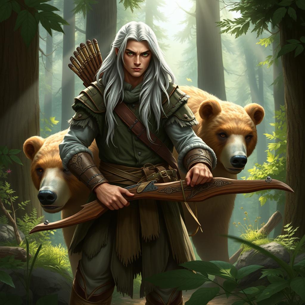 A high elf male ranger, dressed in rugged yet elegant woodland attire, commands a powerful bear companion