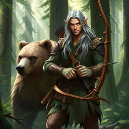 A high elf male ranger, dressed in rugged yet elegant woodland attire, commands a powerful bear companion