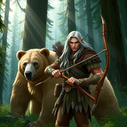 A high elf male ranger, dressed in rugged yet elegant woodland attire, commands a powerful bear companion