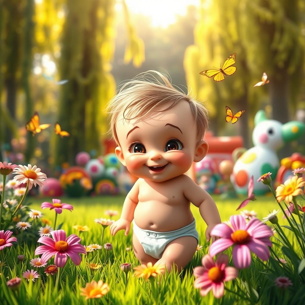 A mischievous baby character in a vibrant, colorful garden