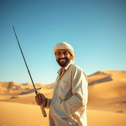 A dramatic close-up of a desert fisherman standing confidently in the foreground, holding a fishing rod in his hand