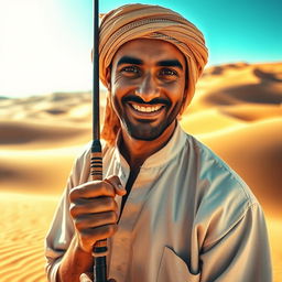 A dramatic close-up of a desert fisherman standing confidently in the foreground, holding a fishing rod in his hand