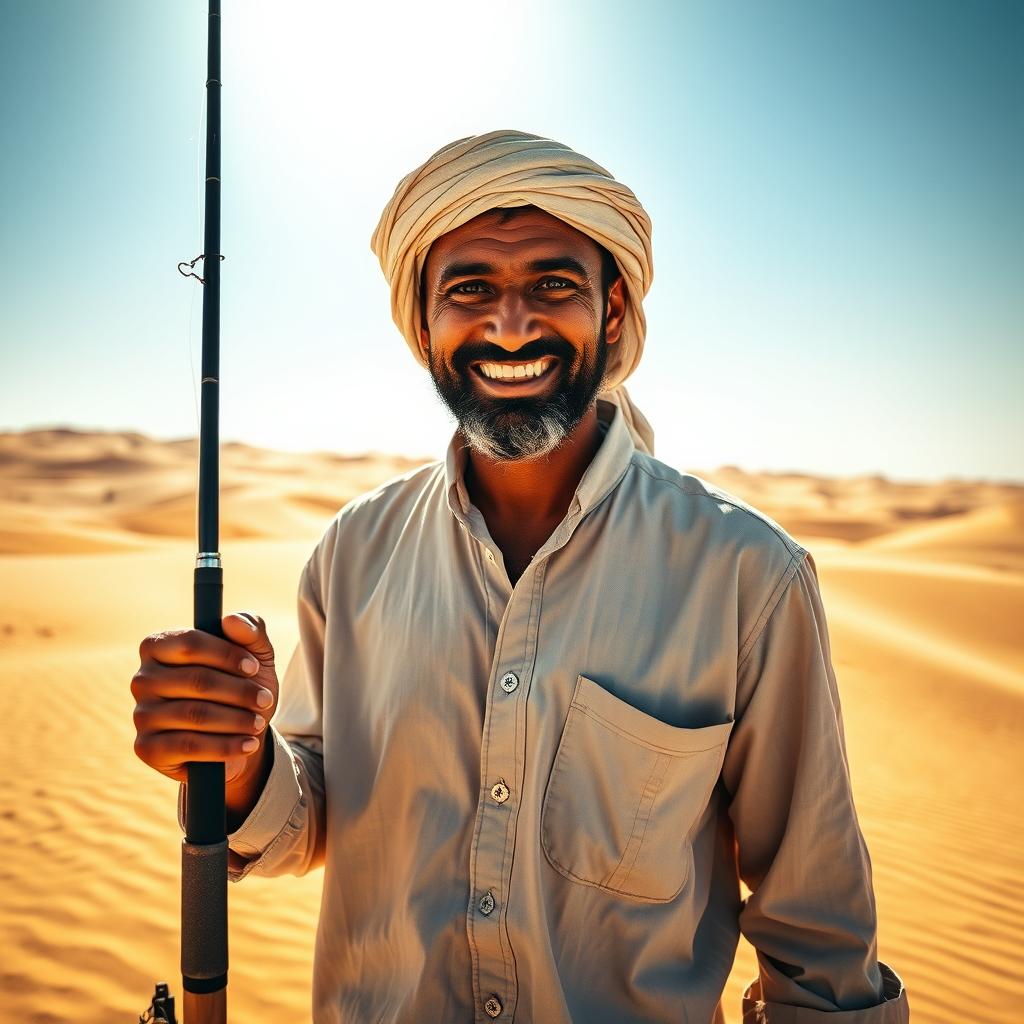 A dramatic close-up of a desert fisherman standing confidently in the foreground, holding a fishing rod in his hand