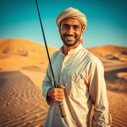 A dramatic close-up of a desert fisherman standing confidently in the foreground, holding a fishing rod in his hand