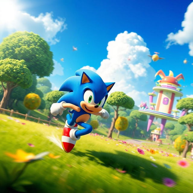 A futuristic and visually captivating scene featuring Sonic the Hedgehog in a vibrant green forest filled with lush trees and colorful flowers