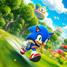 A futuristic and visually captivating scene featuring Sonic the Hedgehog in a vibrant green forest filled with lush trees and colorful flowers