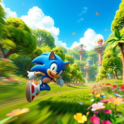 A futuristic and visually captivating scene featuring Sonic the Hedgehog in a vibrant green forest filled with lush trees and colorful flowers