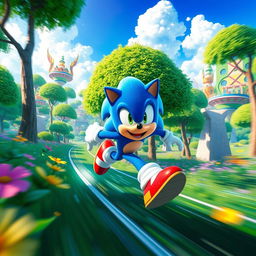 A futuristic and visually captivating scene featuring Sonic the Hedgehog in a vibrant green forest filled with lush trees and colorful flowers