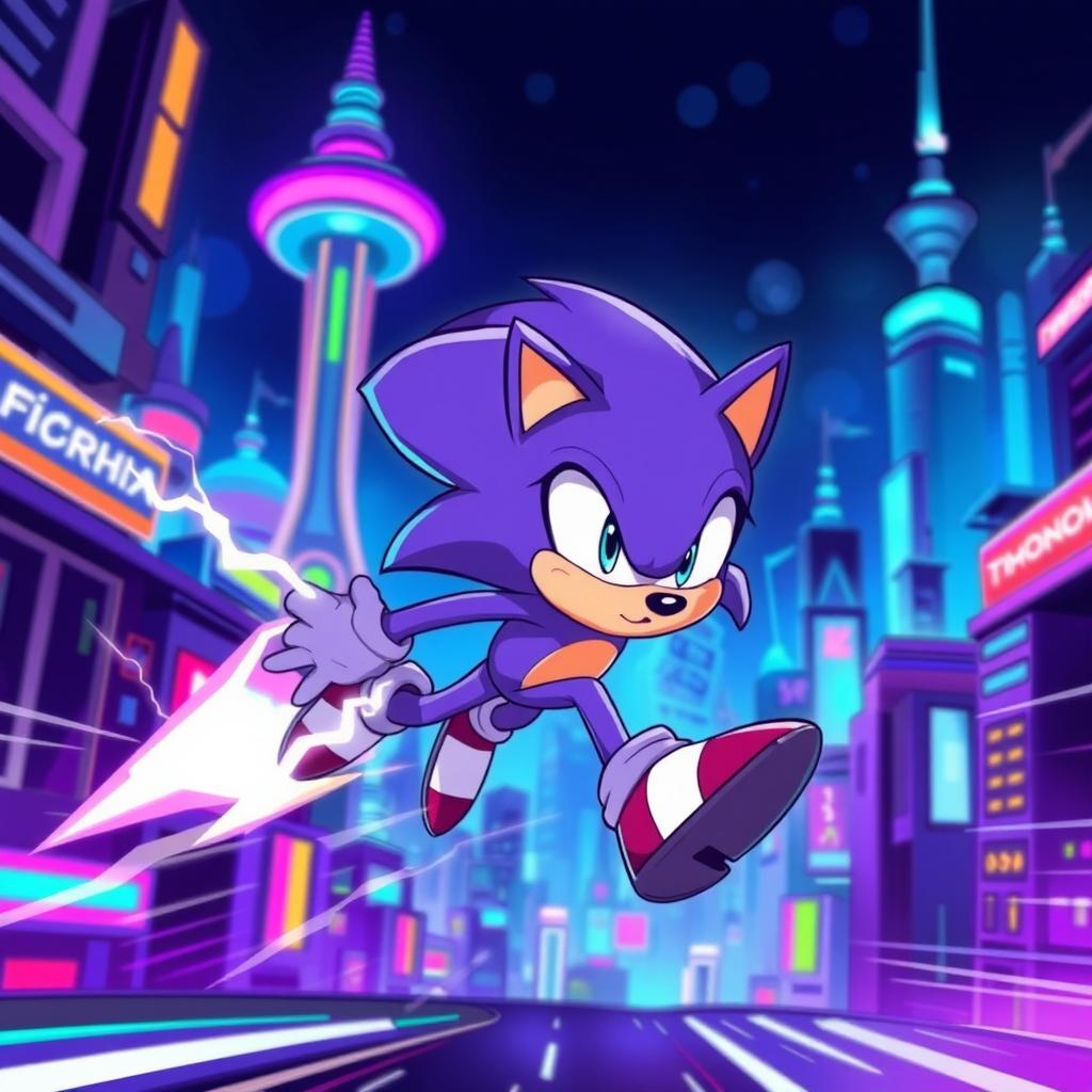 A dynamic and colorful illustration of a purple Sonic-like character, resembling a lightning bolt with a sleek and agile body, enhanced by an electric aura around it