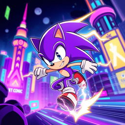 A dynamic and colorful illustration of a purple Sonic-like character, resembling a lightning bolt with a sleek and agile body, enhanced by an electric aura around it