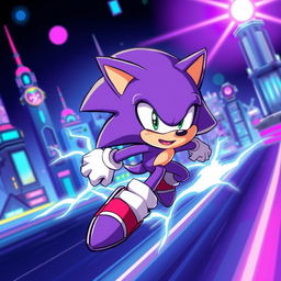 A dynamic and colorful illustration of a purple Sonic-like character, resembling a lightning bolt with a sleek and agile body, enhanced by an electric aura around it