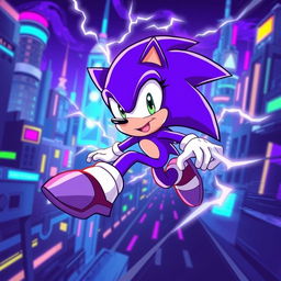 A dynamic and colorful illustration of a purple Sonic-like character, resembling a lightning bolt with a sleek and agile body, enhanced by an electric aura around it