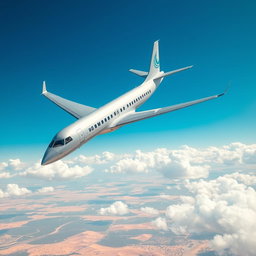 A sleek, modern airplane soaring through a clear blue sky, en route to Kuwait