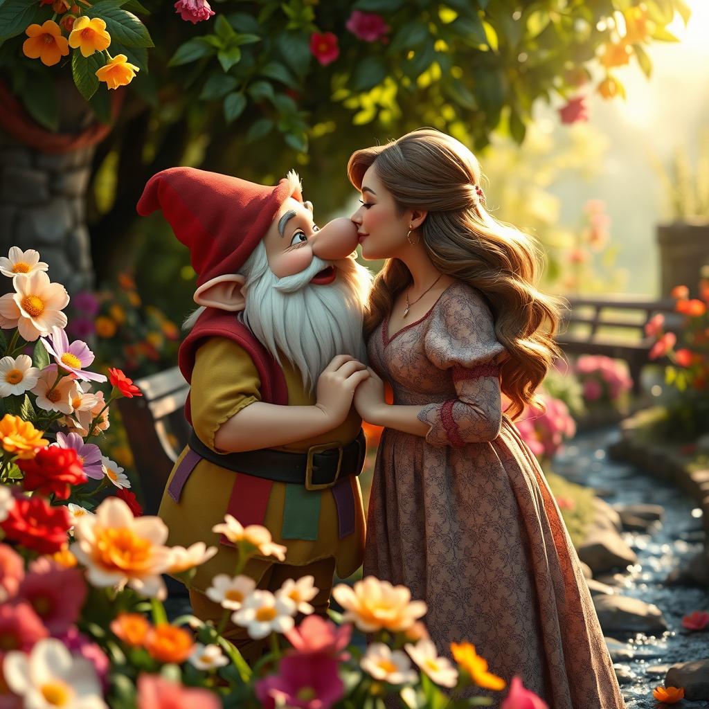 A heartwarming scene featuring a dwarf and a woman sharing a tender kiss in a picturesque setting