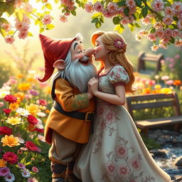 A heartwarming scene featuring a dwarf and a woman sharing a tender kiss in a picturesque setting