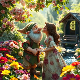 A heartwarming scene featuring a dwarf and a woman sharing a tender kiss in a picturesque setting