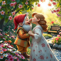 A heartwarming scene featuring a dwarf and a woman sharing a tender kiss in a picturesque setting